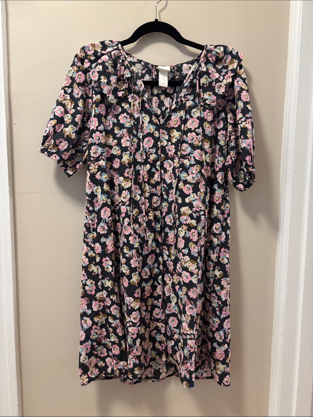 Midi Black Floral Dress with Pink Blooms